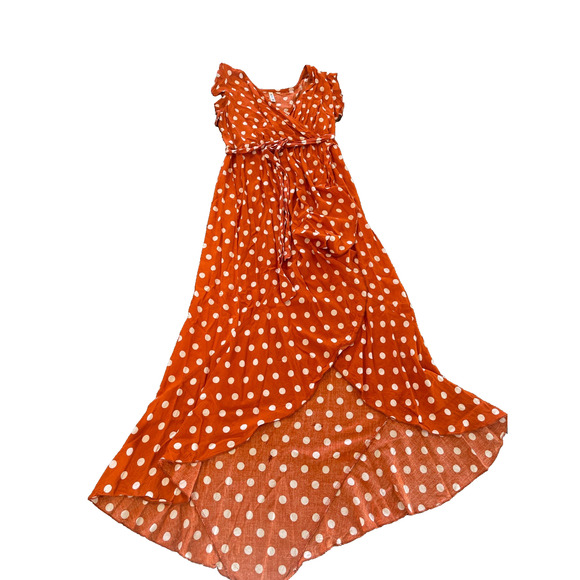 GRECERELLE Polka Dot Wrap High-Low Maxi Dress, Orange, M, Pre-Owned - Picture 2 of 10